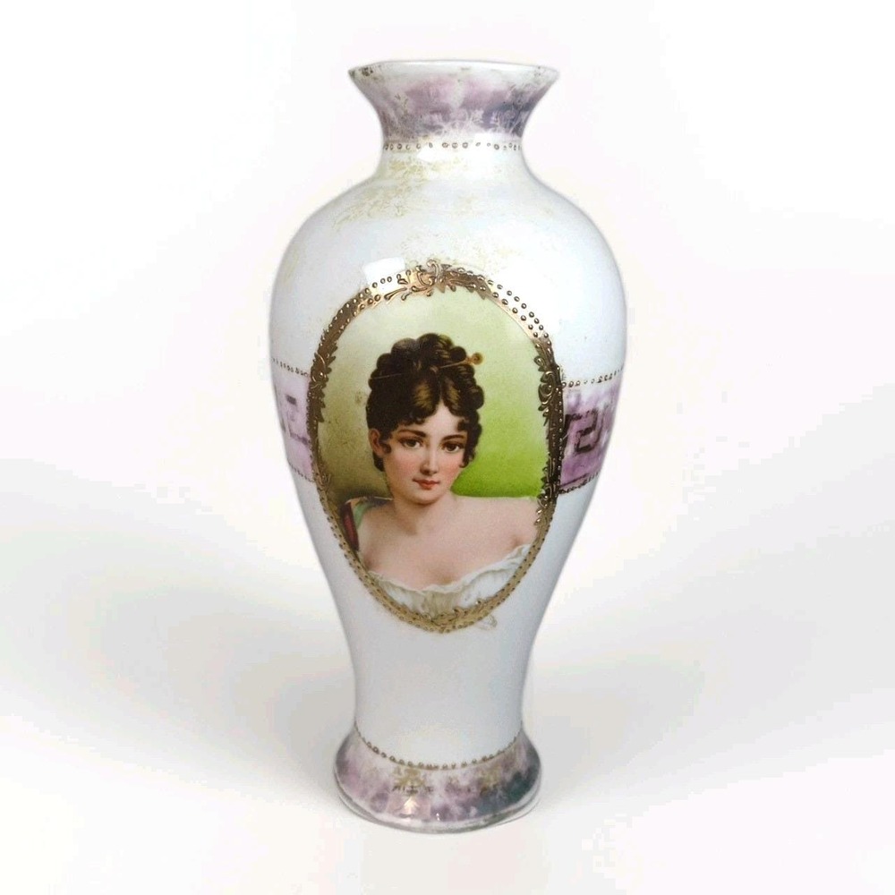Royal Vienna Germany Porcelain Vase Painted Woman Portrait Raised Gold 8"